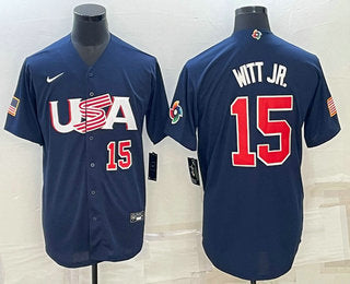 Mens Usa Baseball 15 Bobby Witt Jr Number 2023 Navy World Baseball Classic Stitched Jerseys