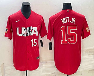 Mens Usa Baseball 15 Bobby Witt Jr Number 2023 Red World Baseball Classic Stitched Jerseys
