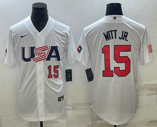 Mens Usa Baseball 15 Bobby Witt Jr Number 2023 White World Baseball Classic Replica Stitched Jersey