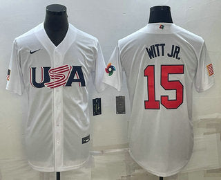 Mens Usa Baseball 15 Bobby Witt Jr Number 2023 White World Baseball Classic Replica Stitched Jersey2