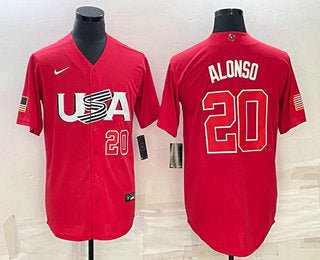 Mens Usa Baseball 20 Pete Alonso Number 2023 Red World Classic Stitched Jersey
