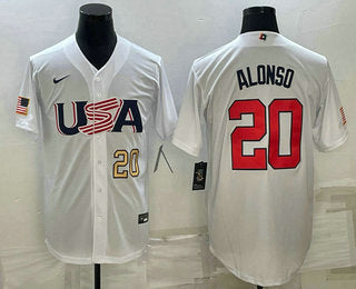 Mens Usa Baseball 20 Pete Alonso Number 2023 White World Baseball Classic Stitched Jersey