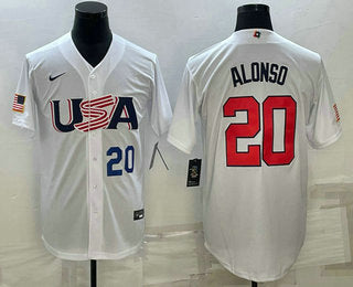 Mens Usa Baseball 20 Pete Alonso Number 2023 White World Baseball Classic Stitched Jerseys