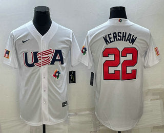 Mens Usa Baseball 22 Clayton Kershaw 2023 White World Baseball Classic Stitched Jersey