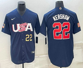 Mens Usa Baseball 22 Clayton Kershaw Number 2023 Navy World Baseball Classic Stitched Jersey