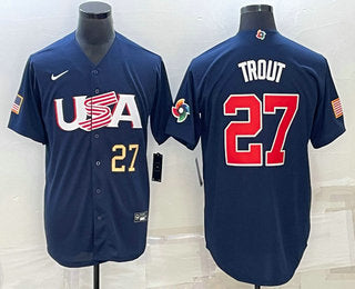 Mens Usa Baseball 27 Mike Trout Number 2023 Navy World Baseball Classic Stitched Jersey