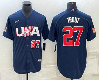 Mens Usa Baseball 27 Mike Trout Number 2023 Navy World Baseball Classic Stitched Jerseys