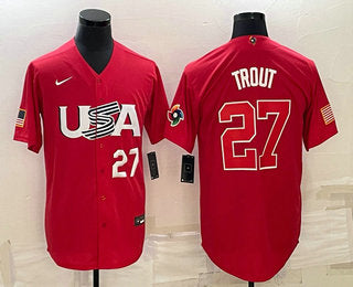 Mens Usa Baseball 27 Mike Trout Number 2023 Red World Classic Stitched Jersey