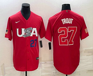 Mens Usa Baseball 27 Mike Trout Number 2023 Red World Classic Stitched Jerseys