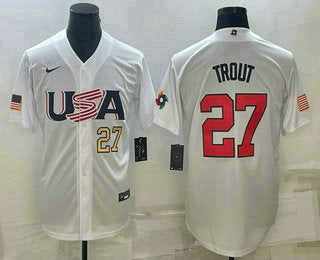 Mens Usa Baseball 27 Mike Trout Number 2023 White World Baseball Classic Replica Stitched Jerseys