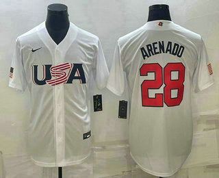 Mens Usa Baseball 28 Nolan Arenado 2023 White World Baseball Classic Replica Stitched Jersey