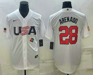 Mens Usa Baseball 28 Nolan Arenado 2023 White World Baseball Classic Replica Stitched Jerseys