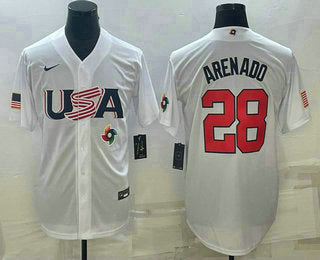 Mens Usa Baseball 28 Nolan Arenado Number 2023 White World Baseball Classic Replica Stitched Jersey1