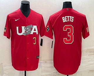 Mens Usa Baseball 3 Mookie Betts Number 2023 Red World Classic Stitched Jersey