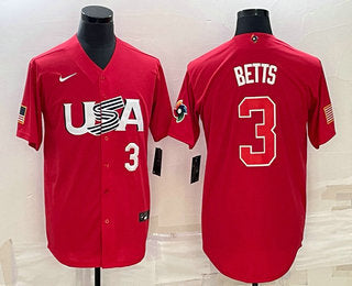 Mens Usa Baseball 3 Mookie Betts Number 2023 Red World Classic Stitched Jerseys