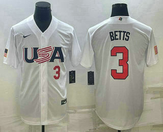 Mens Usa Baseball 3 Mookie Betts Number 2023 White World Baseball Classic Replica Stitched Jersey