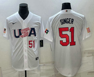 Mens Usa Baseball 51 Brady Singer Number 2023 White World Baseball Classic Stitched Jersey