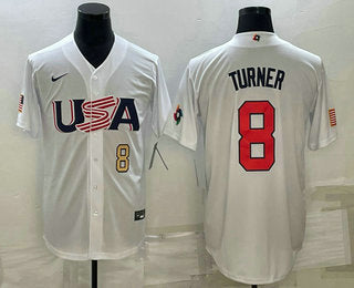 Mens Usa Baseball 8 Trea Turner Number 2023 White World Baseball Classic Stitched Jerseys