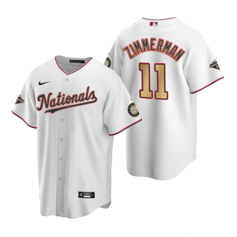 Mens Washington Nationals 11 Ryan Zimmerman White Gold 2019 World Series Champions Stitched Mlb Cool Base Nike Jersey