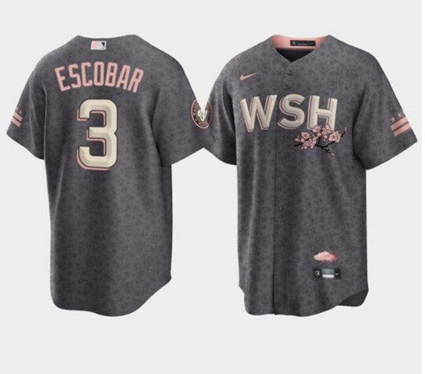Mens Washington Nationals 3 Alcides Escobar 2022 Grey City Connect Cherry Blossom Cool Base Stitched Jersey