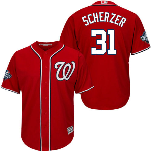 Mens Washington Nationals 31 Max Scherzer Red 2019 World Series Bound Cool Base Stitched Mlb Jersey