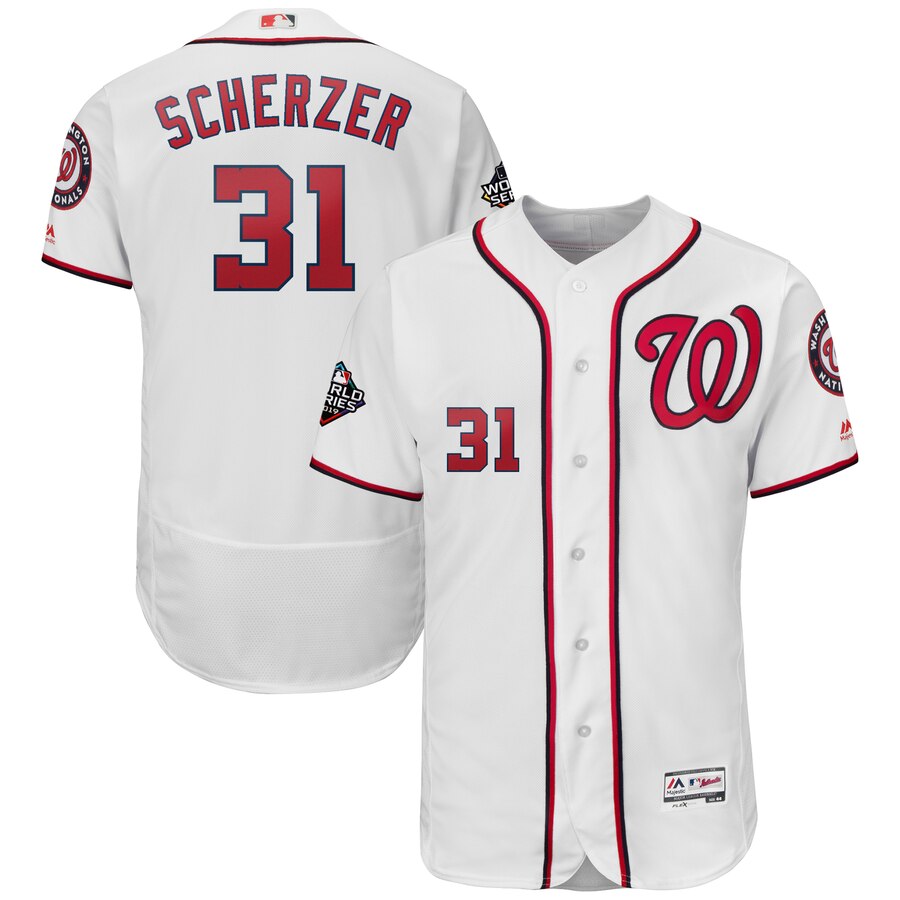 Mens Washington Nationals 31 Max Scherzer White 2019 World Series Bound Flexbase Authentic Collection Stitched Mlb Jersey