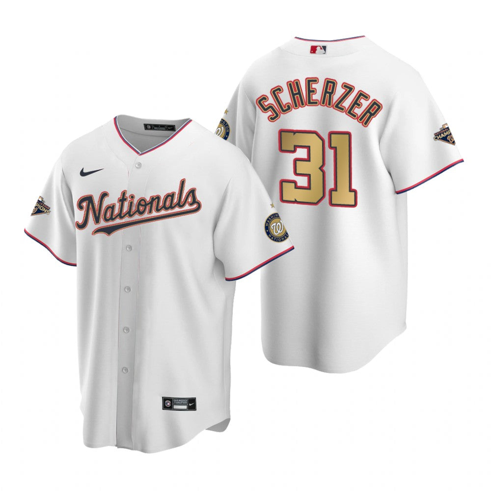 Mens Washington Nationals 31 Max Scherzer White Gold 2019 World Series Champions Stitched Mlb Cool Base Nike Jersey