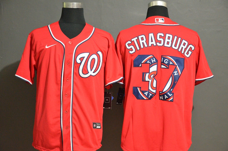 Mens Washington Nationals 37 Stephen Strasburg Red Team Logo Stitched Mlb Cool Base Nike Jersey