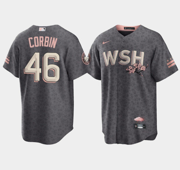 Mens Washington Nationals 46 Patrick Corbin 2022 Grey City Connect Cherry Blossom Cool Base Stitched Jersey