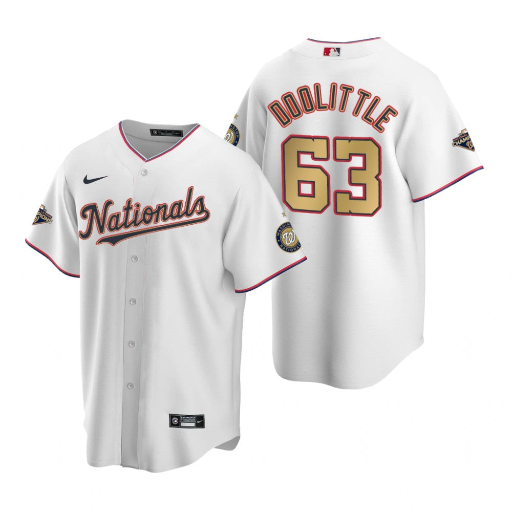Mens Washington Nationals 63 Sean Doolittle White Gold 2019 World Series Champions Stitched Mlb Cool Base Nike Jersey