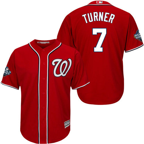 Mens Washington Nationals 7 Trea Turner Red 2019 World Series Bound Cool Base Stitched Mlb Jersey