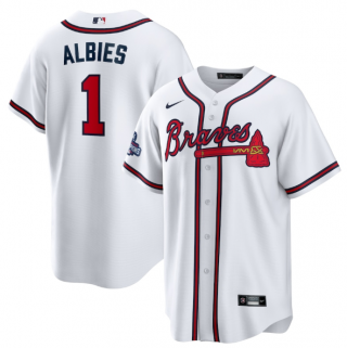Mens White Atlanta Braves 1 Ozzie Albies 2021 World Series Champions Cool Base Stitched Jersey