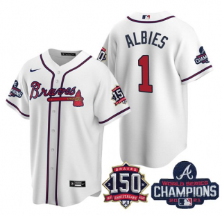 Mens White Atlanta Braves 1 Ozzie Albies 2021 World Series Champions With 150th Anniversary Patch Cool Base Stitched Jersey