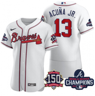 Mens White Atlanta Braves 13 Ronald Acuna Jr 2021 World Series Champions With 150th Anniversary Flex Base Stitched Jersey