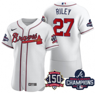 Mens White Atlanta Braves 27 Austin Riley Swanson 2021 World Series Champions With 150th Anniversary Flex Base Stitched Jersey