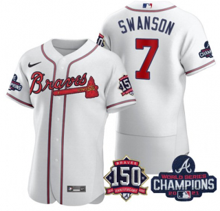 Mens White Atlanta Braves 7 Dansby Swanson 2021 World Series Champions With 150th Anniversary Flex Base Stitched Jersey