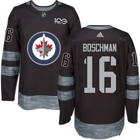 Mens Winnipeg Jets 16 Laurie Boschman Black 100th Anniversary Stitched Nhl 2017 Adidas Hockey Jersey