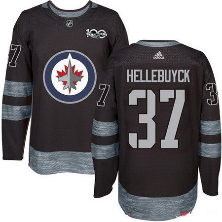 Mens Winnipeg Jets 37 Connor Hellebuyck Black 100th Anniversary Stitched Nhl 2017 Adidas Hockey Jersey