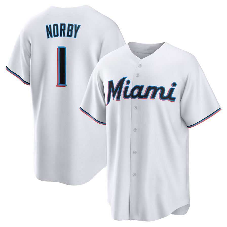 Miami Marlins #1 Connor Norby Home Replica Jersey White Stitched Baseball Jers