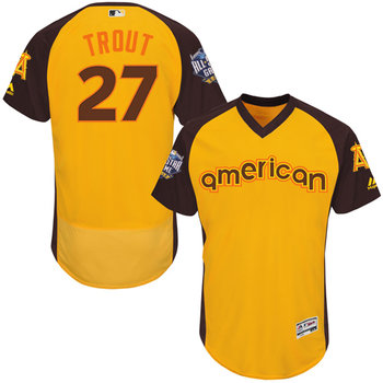 Mike Trout Gold 2016 All star Jersey Mens American League Los Angeles Angels Of Anaheim 27 Flex Base Majestic Mlb Collection Jersey