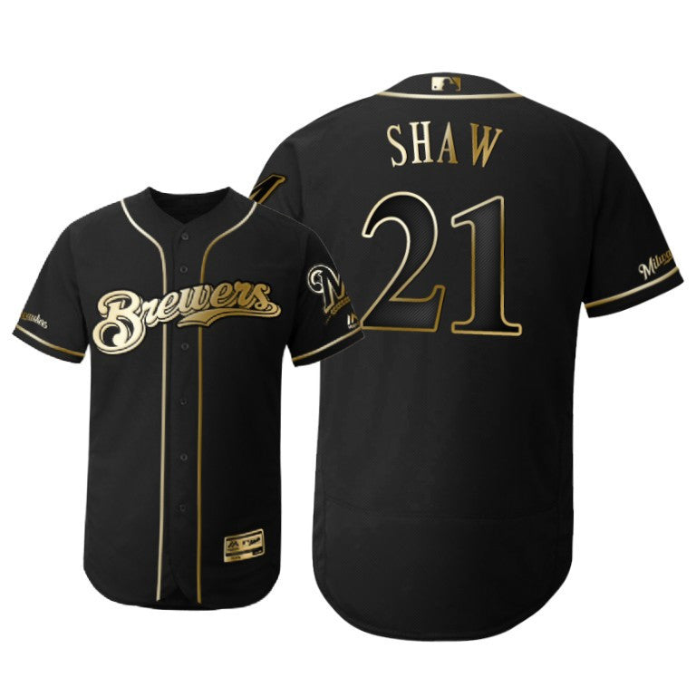 Milwaukee Brewers 21 Travis Shaw Mlb 2019 Golden Brandedition Black Jersey Gift For Brewers Fans