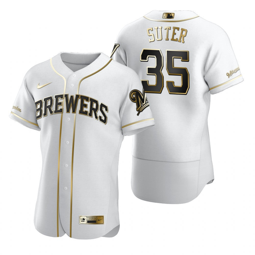 Milwaukee Brewers 35 Brent Suter Mlb Golden Brandedition White Jersey Gift For Brewers Fans
