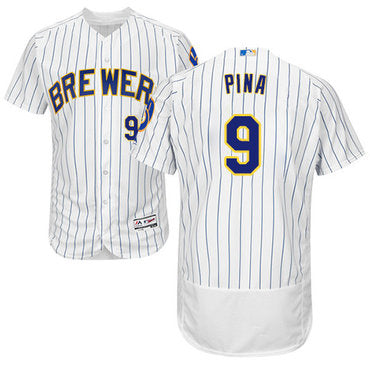 Milwaukee Brewers 9 Manny Pina White Strip Flexbase Authentic Collection Stitched Baseball Jersey