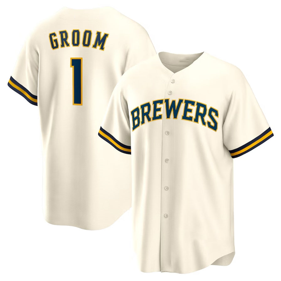 Milwaukee Brewers #1 Groom Home Replica Jersey White Stitched Baseball Jersey