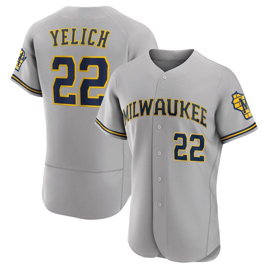 Milwaukee Brewers #22 Christian Yelich Gray Road Authentic Player Logo Jersey Ba