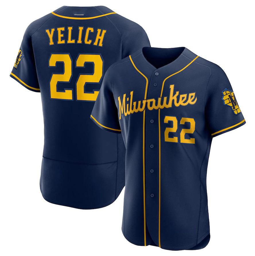 Milwaukee Brewers #22 Christian Yelich Navy 50th Season Alternate Authentic Play