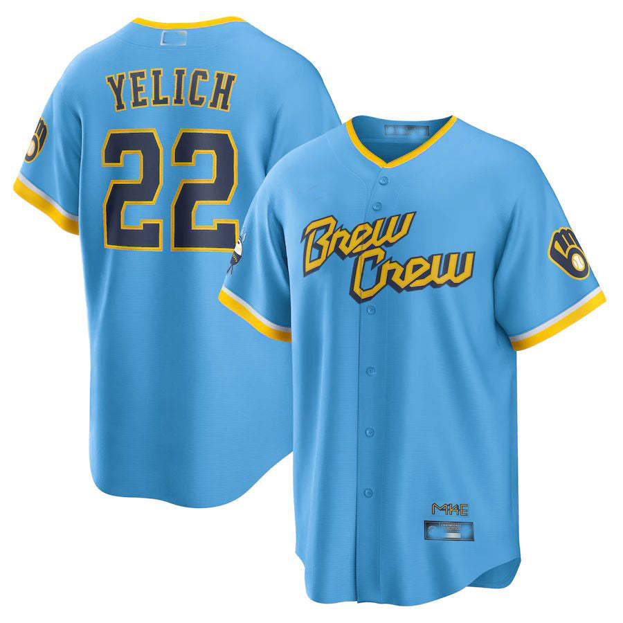 Milwaukee Brewers #22 Christian Yelich Powder Blue 2022 City Connect Replica Pla