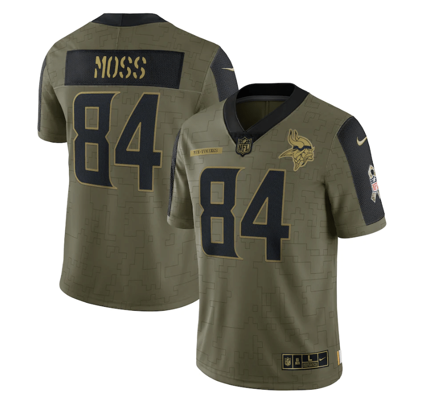 Minnesota Vikings Randy Moss 84 Nfl Olive 2021 Salute To Service Player Men Jersey For Vikings Fans