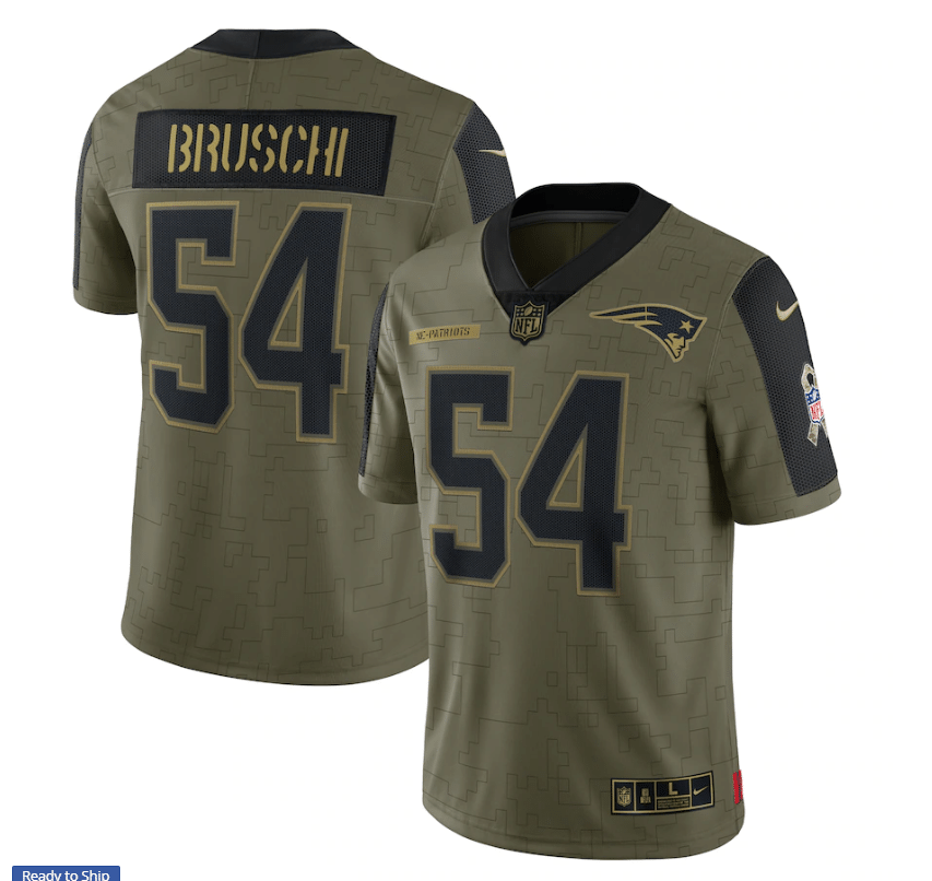 New England Patriots Tedy Bruschi 54 Nfl Olive 2021 Salute To Service Retired Player Men Jersey For Patriots Fans