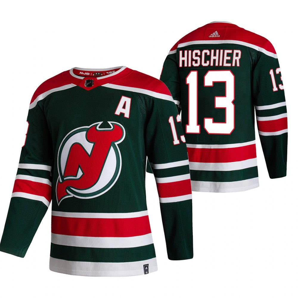 New Jersey Devils 13 Nico Hischier Green Mens Adidas 2020 21 Reverse Retro Alternate Nhl Jersey